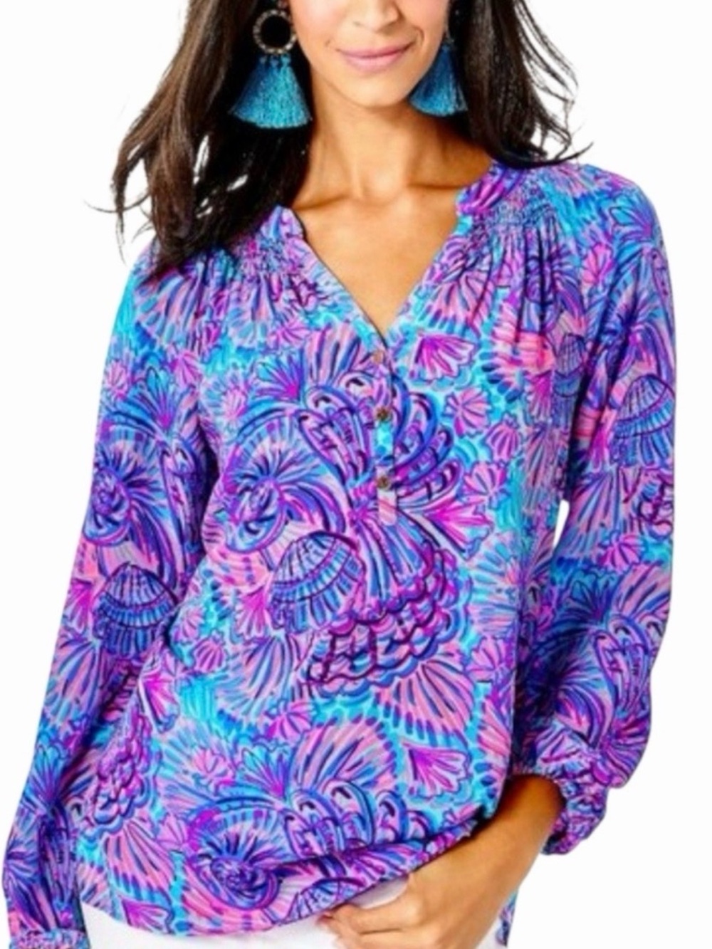 Lilly Pulitzer Silk Elsa Top Shelleidoscope Print Turquoise Oasis